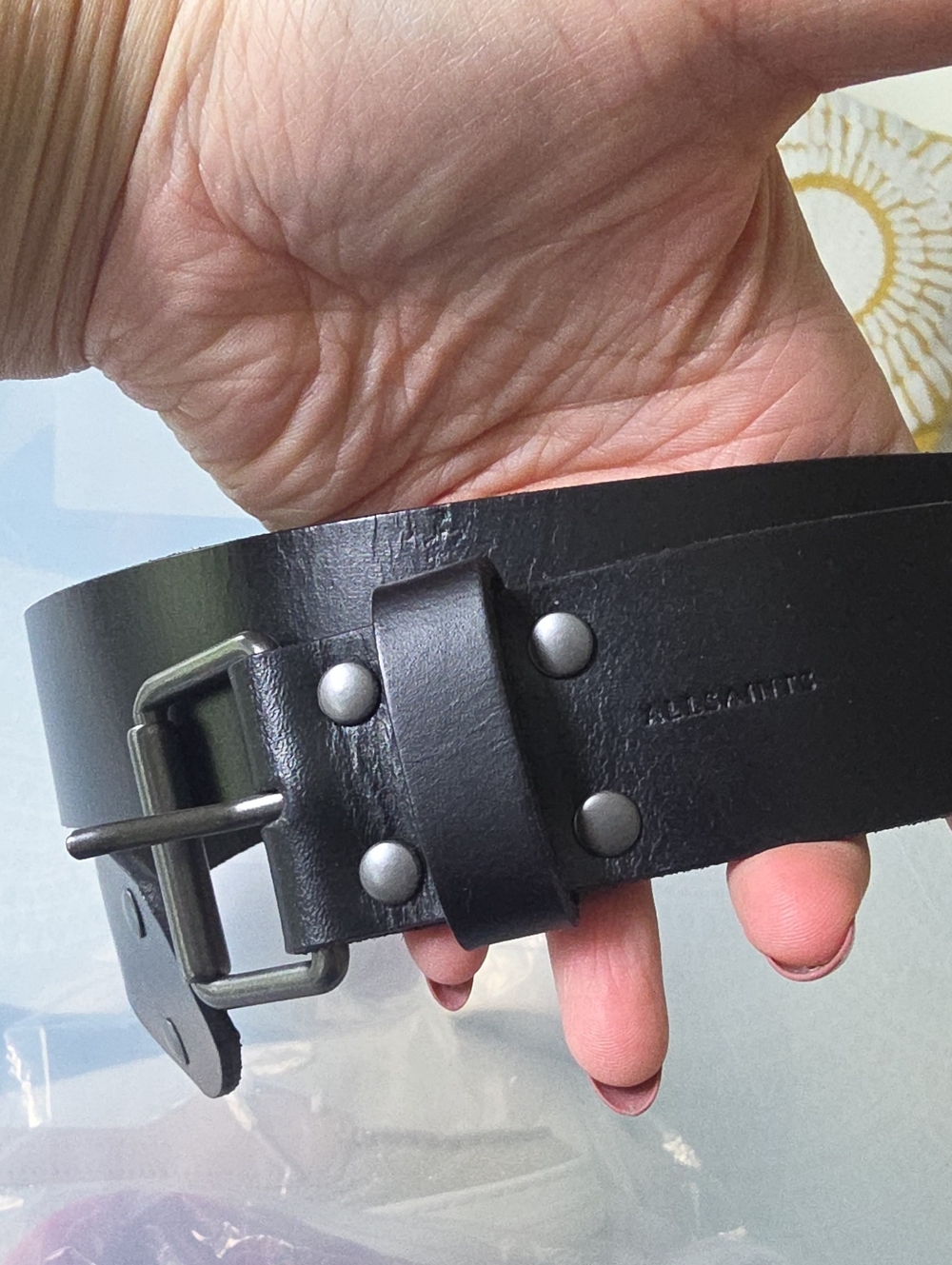 All Saints Black Leather Men's Belt with Metal Buckle